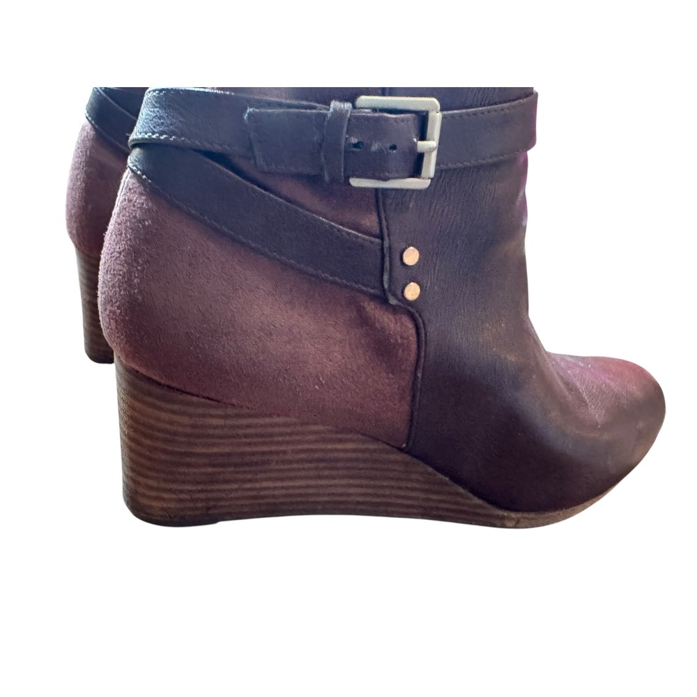 Dr. Scholl's Wedge Ankle Boots Women 7M Brown Leather Suede Buckle Double Bootie - Picture 2 of 9